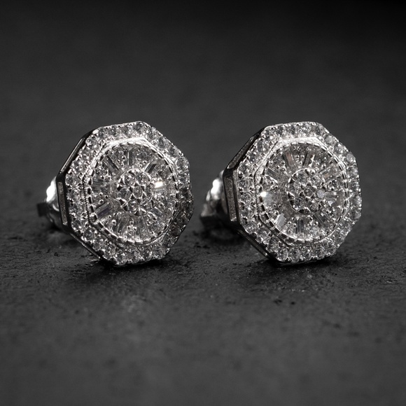 Men's White Gold Plated 925 Sterling Iced Cz Octagonal Shaped Stud Earrings - Picture 2 of 5